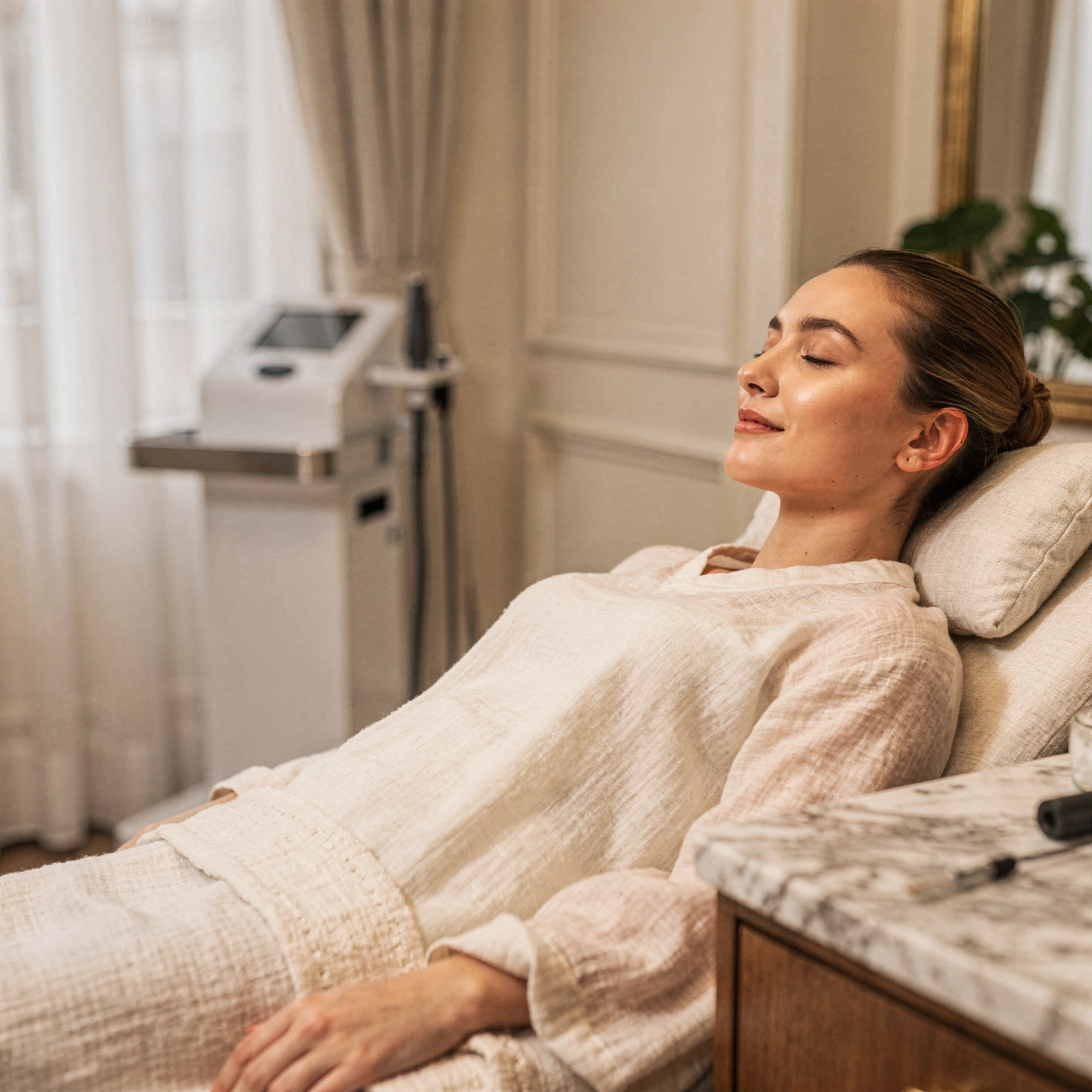 Patient relaxing on treatment bed during laser skin resurfacing procedure at Natural Beauty Fifth Avenue